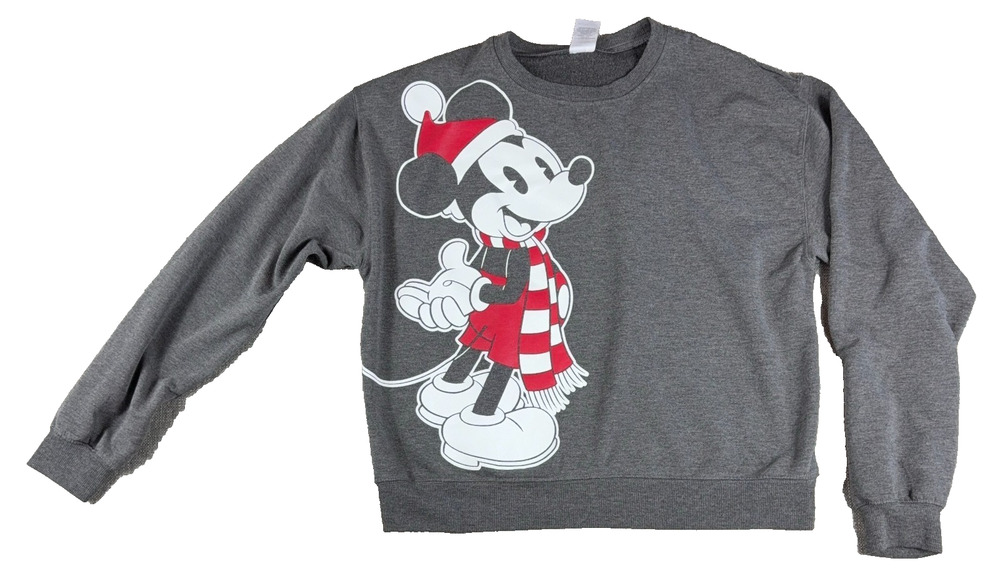 Disney Mickey Mouse Christmas Sweatshirt M Gray Santa Hat Scarf Holiday Graphic
